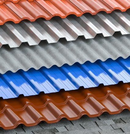 Different types of roof coating. Background from layers of sheet metal  profiles, ceramic tiles, asphalt roofing shingles and gypsum slate. 3d illustration